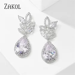 ZAKOL Luxury Water Drop Leaf Cubic Zirconia Bridal Dangle Earrings for Women Temperament Wedding Engagement Jewelry Gift