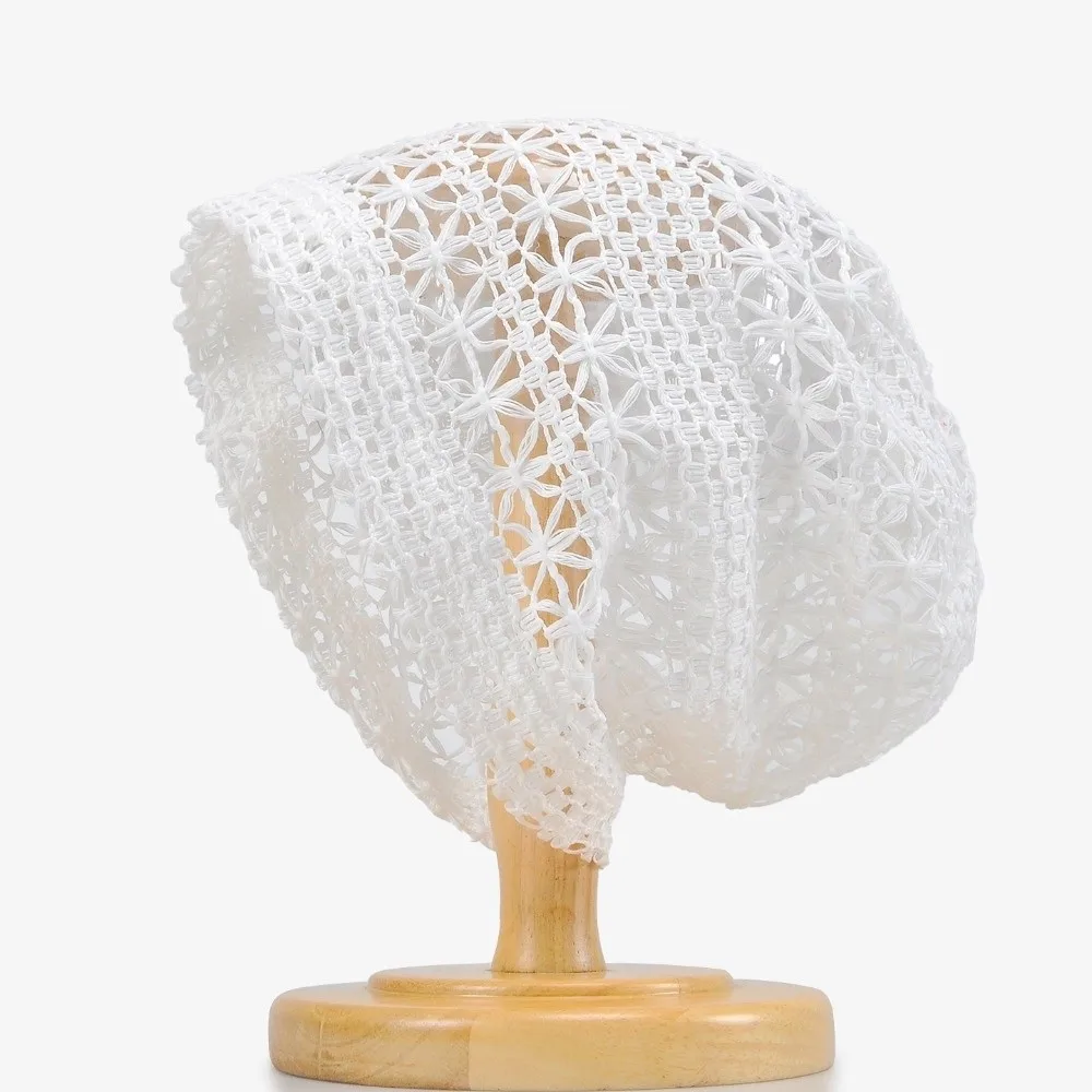 Elegant Lace Breathable Hollowed Hat Elastic Fit Soft Openwork Knit Hat Lightweight Polyester Brimless Hat Vacation