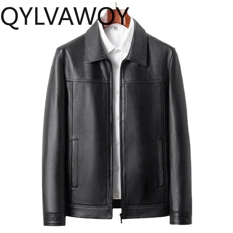 

QYLVAWOY Real Cowhide Leather Jacket Man Casual Mens Jacket Black Lapel Jackets for Man Leather Coat Business Мотокуртка Мужская