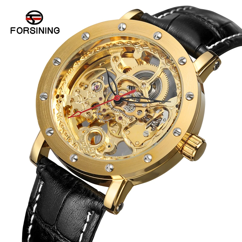 

FORSINING Automatic Mechanical Men Watch Wrist Luxury Golden Skeleton Dial Screw Bezel Marking Leather Strap Male Business Dress