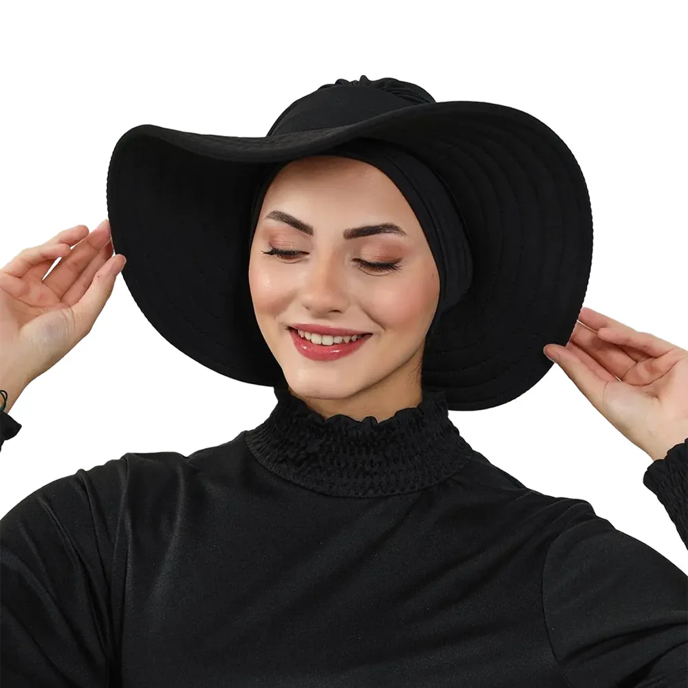 New Women's Summer Sun Hat with Base Cap, Wide Brim Turban Foldable Sun Protection Cap for Outdoor Travel