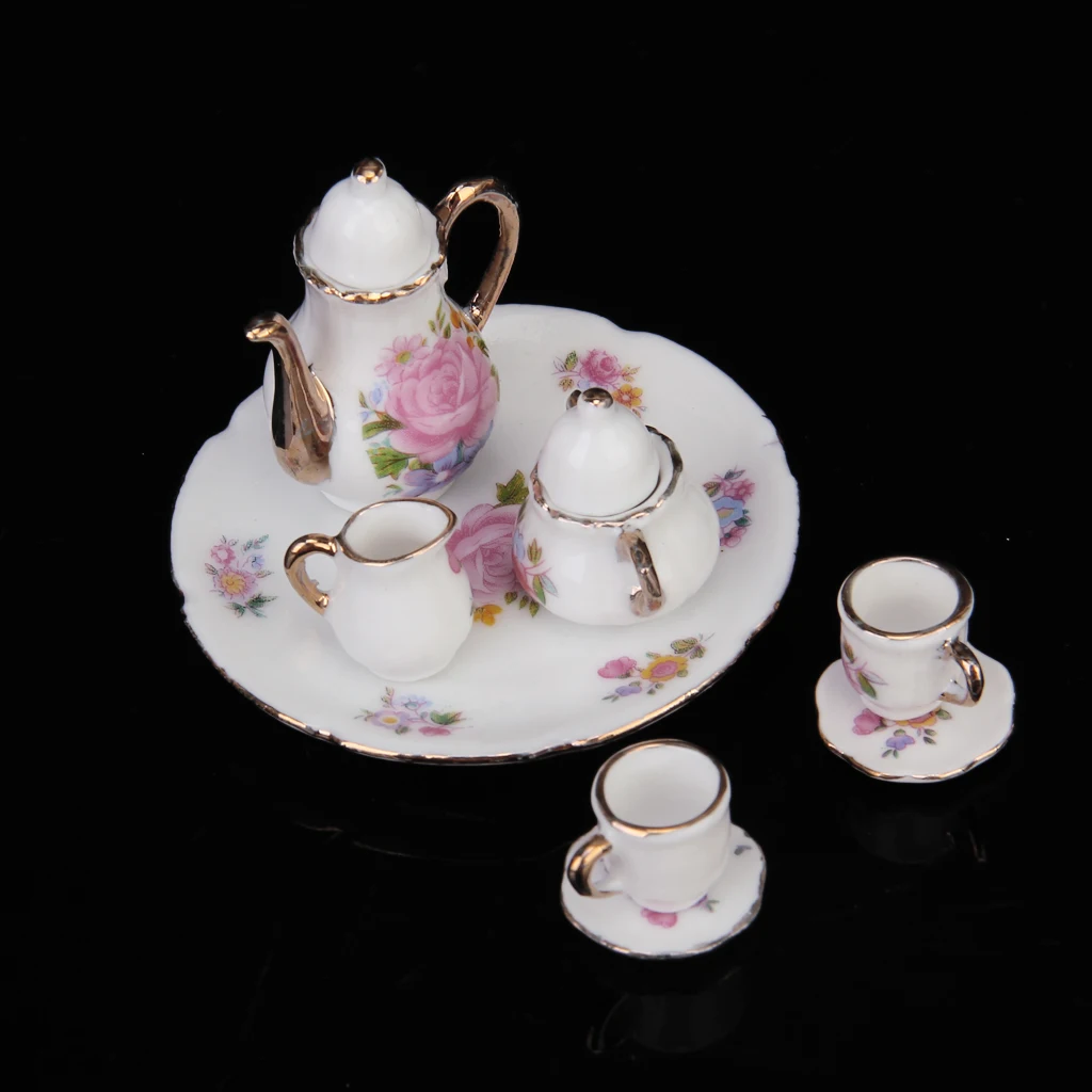 8Pcs Dollhouse Miniature Dining Ware Tea Set Dish Cup Plate Pink Rose New