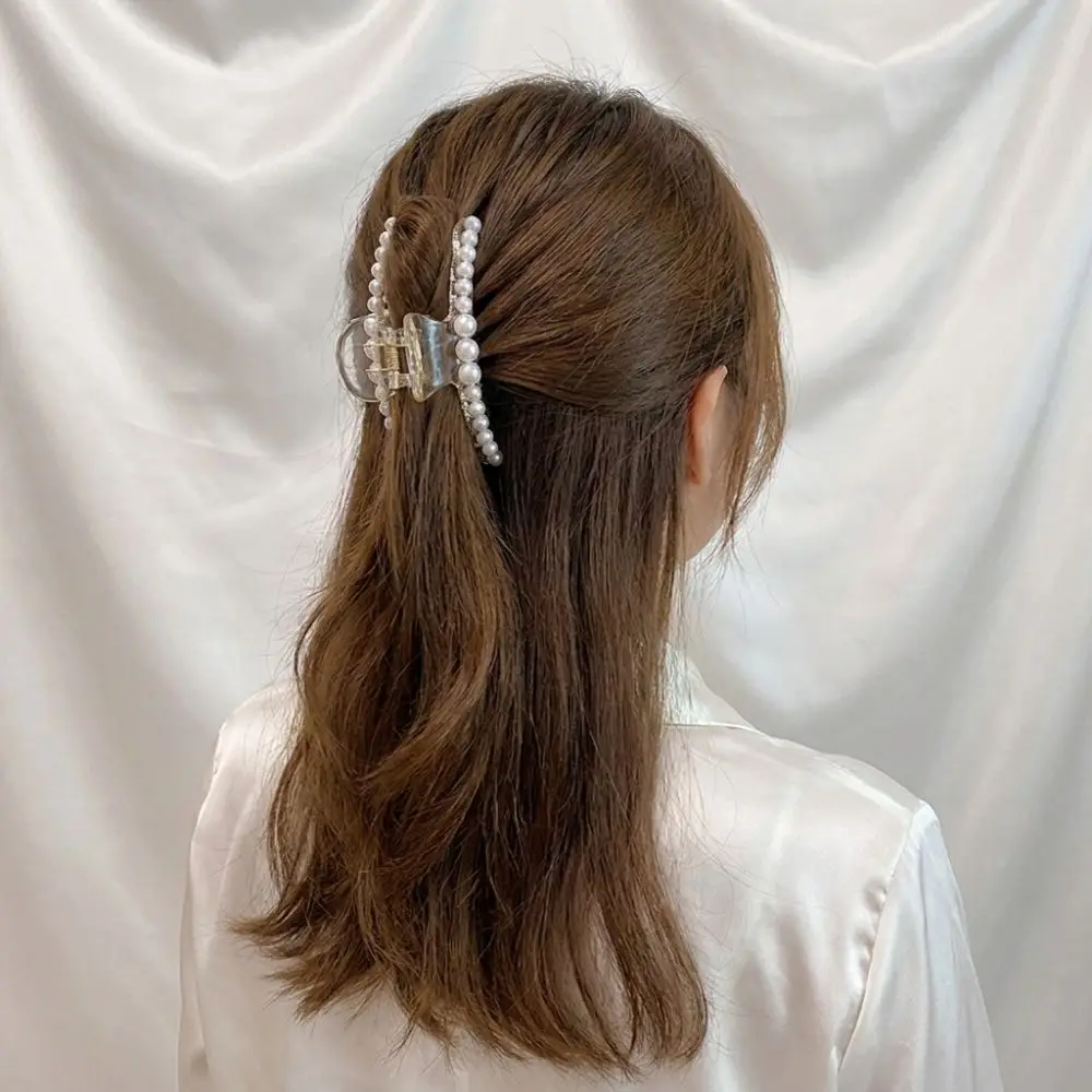 Elegant Pearl Decor Pearl Hair Claw Curved Jaw Spring Hinge Hairpin Big Size Glossy Finish Shark Clip Women Girls