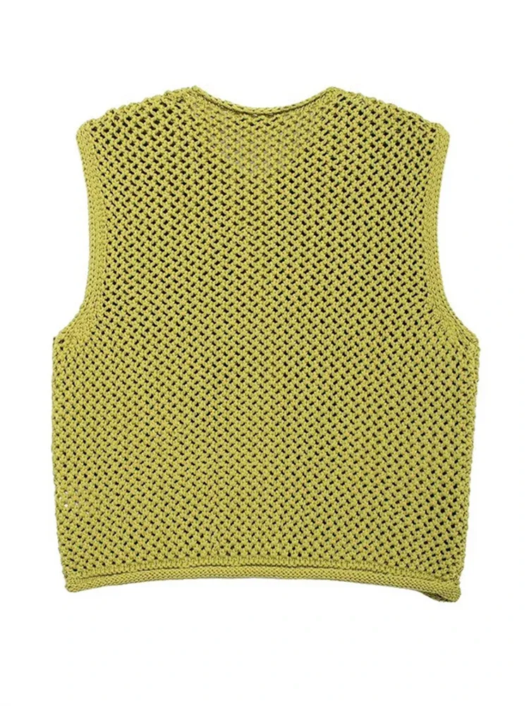 Casual Green Pocket Knitted Vest For Women Fashion Sleeveless Round Neck Button Cardigan Autumn Female Commuting High Streetwear