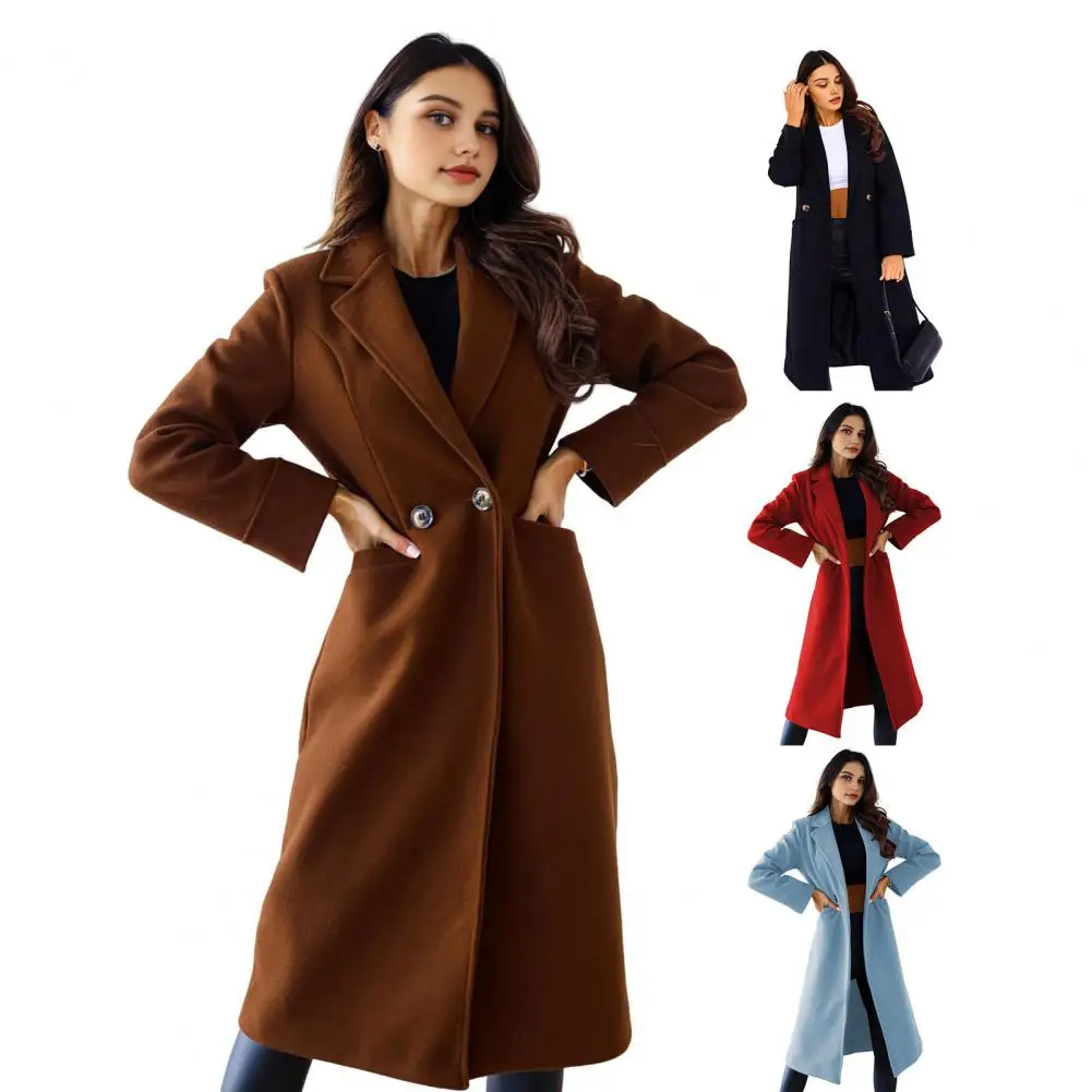 

Winter Coat For Women 2025 Solid Lapel Double Breasted Long Cardigan Top Female Pokcet Streetwear Woman New In OuterCoat