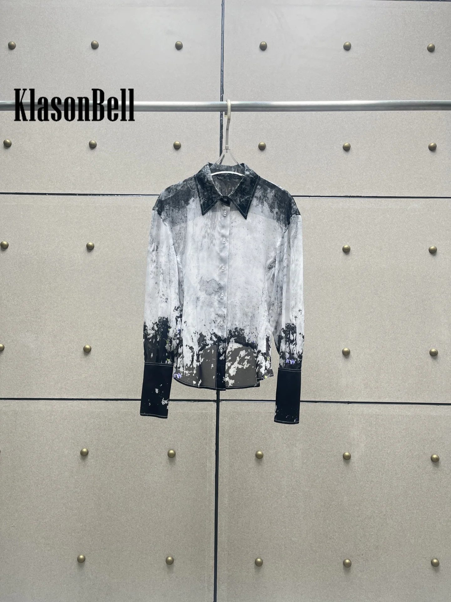 8.22 KlasonBell Fashion Temperament Ink Tie-Dye Print For Women Blouse All-matches Lapel Long Sleeve Collect Waist Shirt