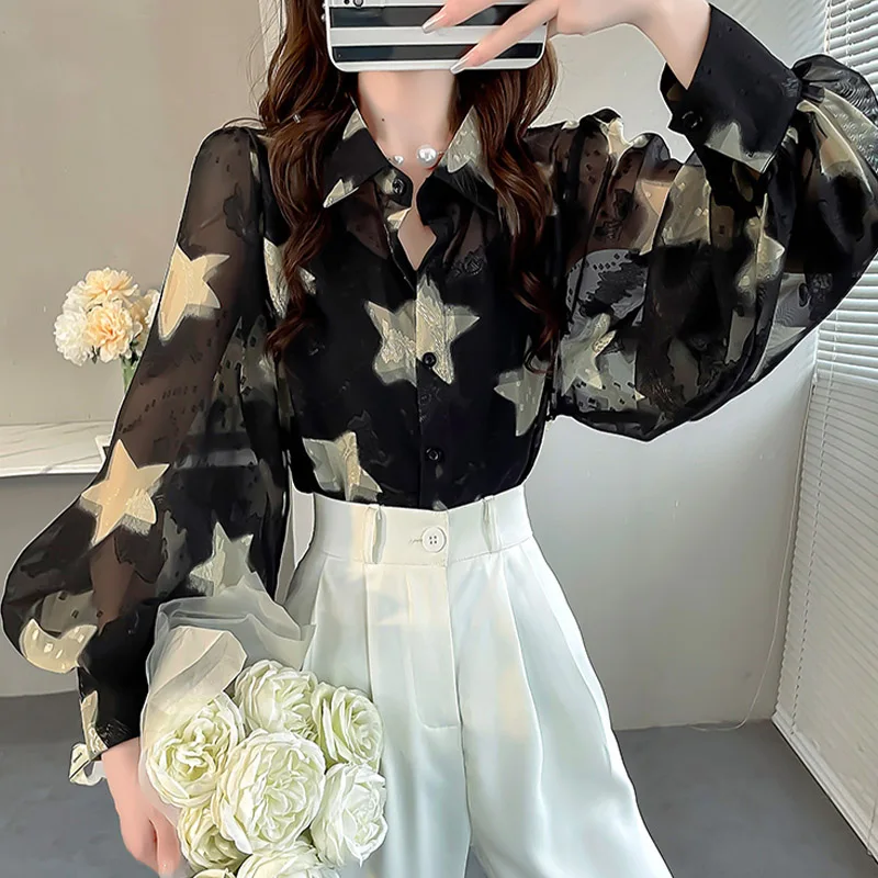 Spring Summer New Fashion Little Star Print Shirts Women Elegant Chic Polo-neck Lantern Sleeve Blouses Casual Loose Chiffon Tops