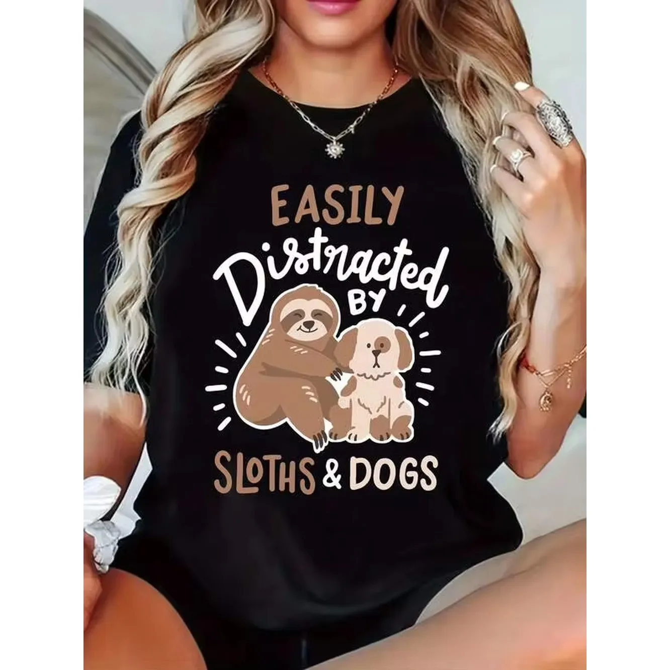 Women Sloth Print Semi-Sheer Short Sleeve Round Neck Top Sloth Sloths Design All-Season Fit Sloth Pattern Shirt Attire WhiteGrey Brazilian-Inspired