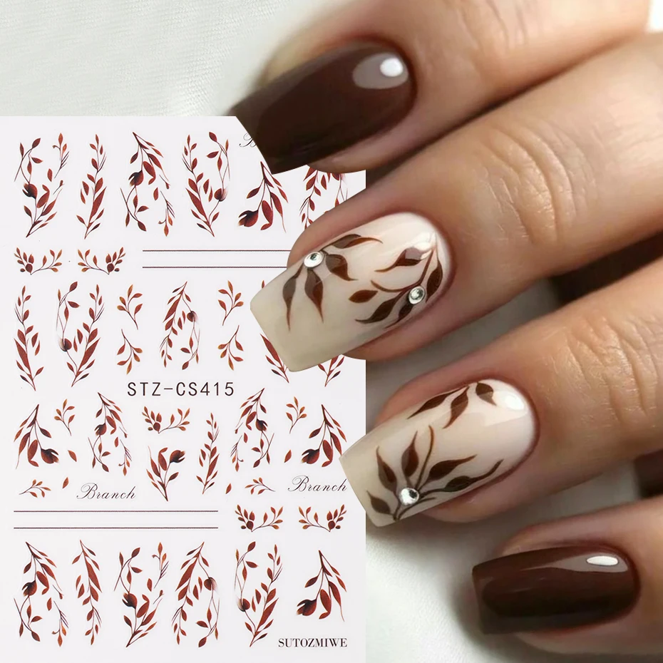 2 Stück 3D Herbst-Braunblätter Nagelkunst-Aufkleber Maillard Warmfarben-Serie Blätter Nagelsticker Tiefe Herbstblätter Nageldesign-Dekor – Detail 2