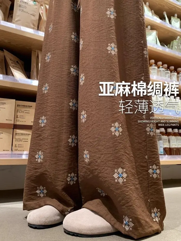 

Dark Blue Japanese Style Linen wide-leg Pants Women Thin Summer Plus Size Slimming Loose Printed Casual Pants Trend Trousers