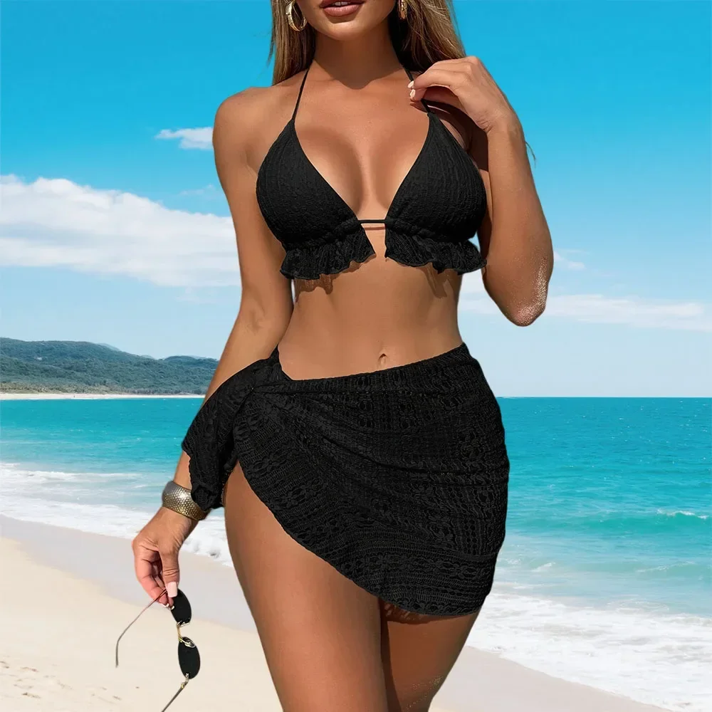 

2025 Women's Sexy Bikini 3-Piece Lace Swimwear Adjustable Ties Push-Up High Waist Brazilian Beach Bathing Suit