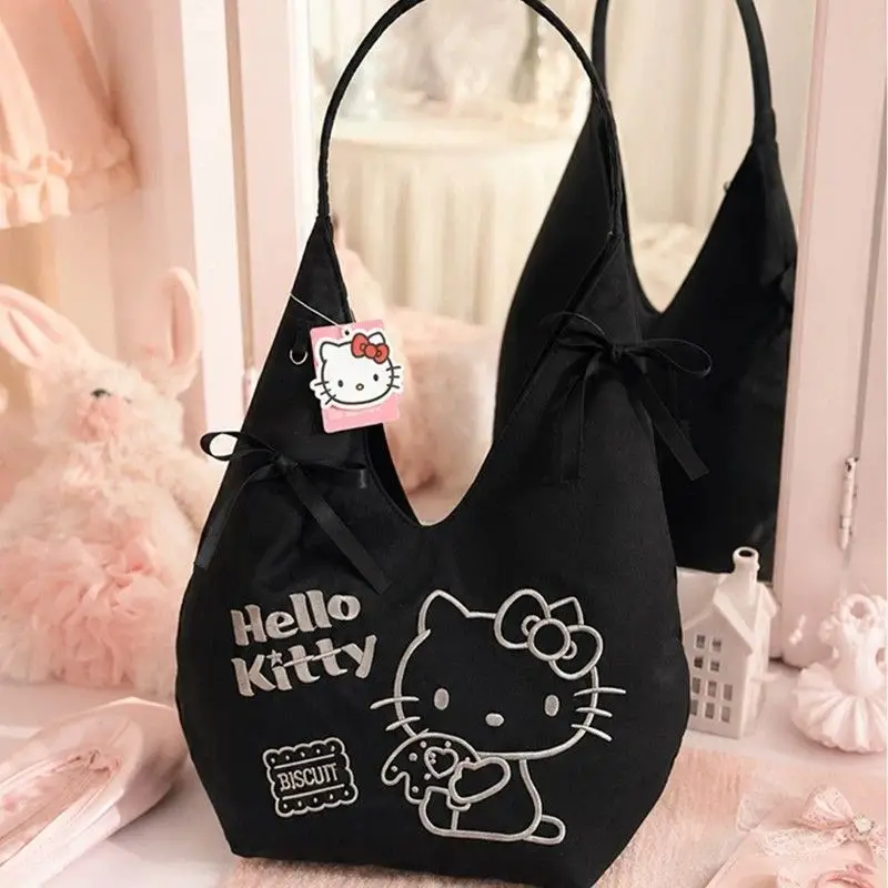 Hello Kitty Embroidery Pattern Black Bowknot Shoulder Bag Portable Large Capacity Underarm Bag Cartoon Holiday Gift for Women