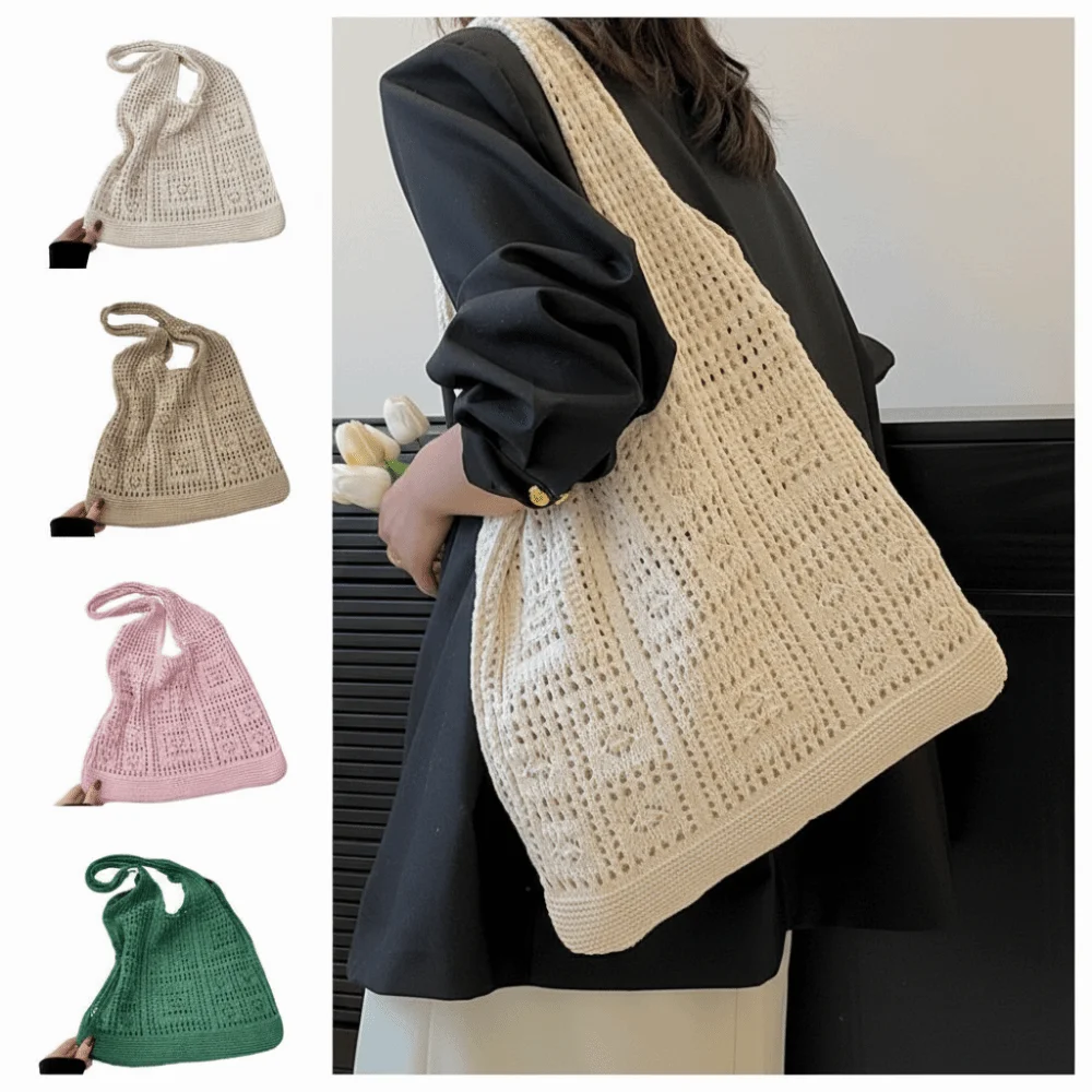 

Casual Solid Color Knitting Shoulder Bag Hollow Woven Crochet Mesh Bag Large Capacity Bohemian Style Beach Tote Bag Daily