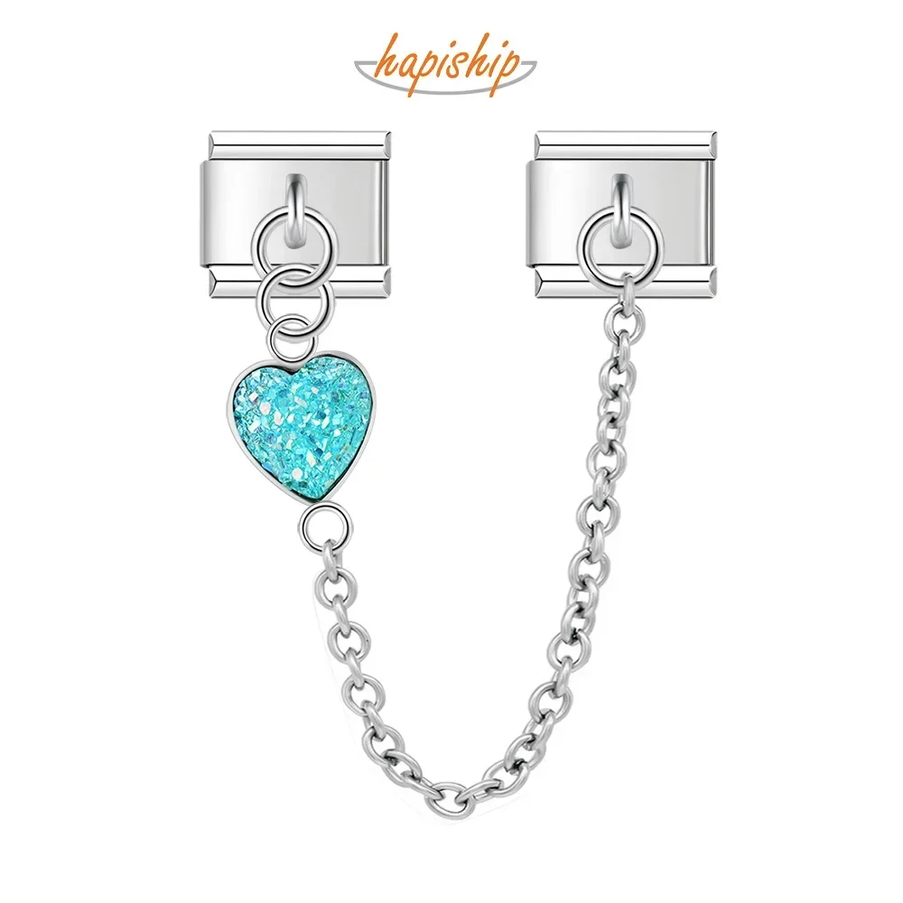 Hapiship Original Design Sweet Romantic Heart Chain Link Italian Charm Fit 9mm Bracelet Stainless Steel Making Jewelry DJ285