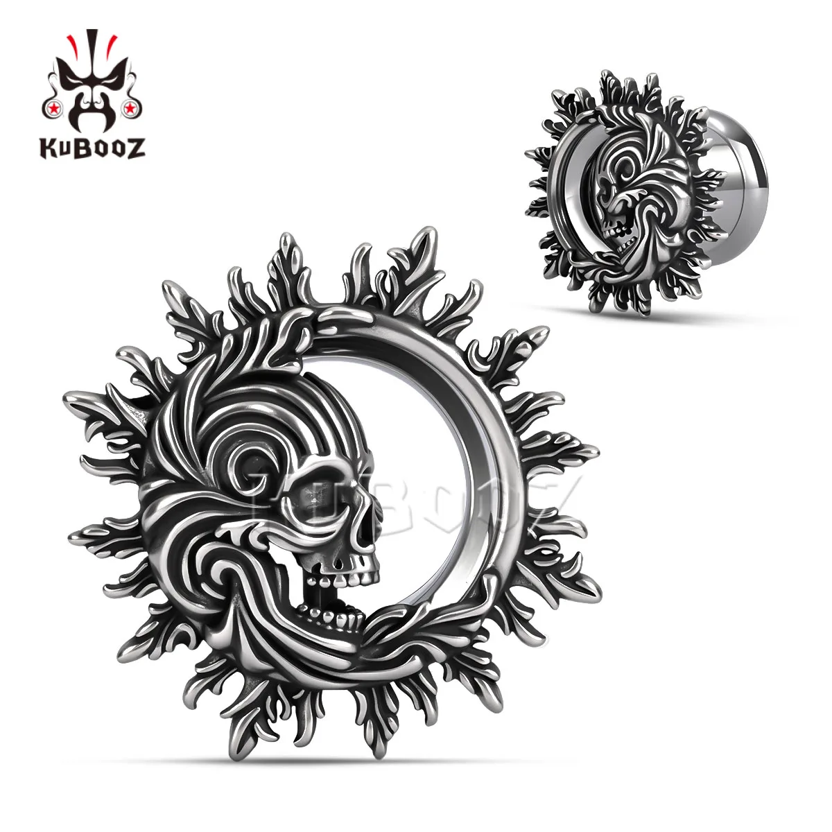 KUBOOZ Punk Gothic Flame Skull Ear Tunnel Stretchers 316L Steel Hypoallergenic Gauge Ear Plugs Body Piercing Jewelry 1 Pair