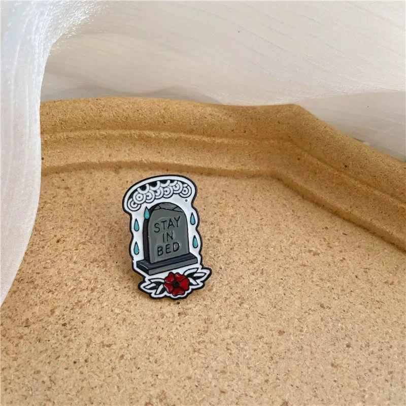 Rainy Day Tombstone Enamel Pins Dark Punk Flower Tribute Monument Stay In Bed Lapel Badge Clothes Brooch Friends Gifts