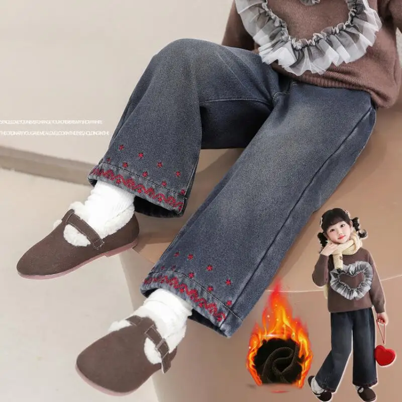 

Girl Winter Autumn Jeans Thicken Elastic Waist Straight-Leg Pants Child Keep Warm Kawaii Fashion New Casual Clothing Homewear