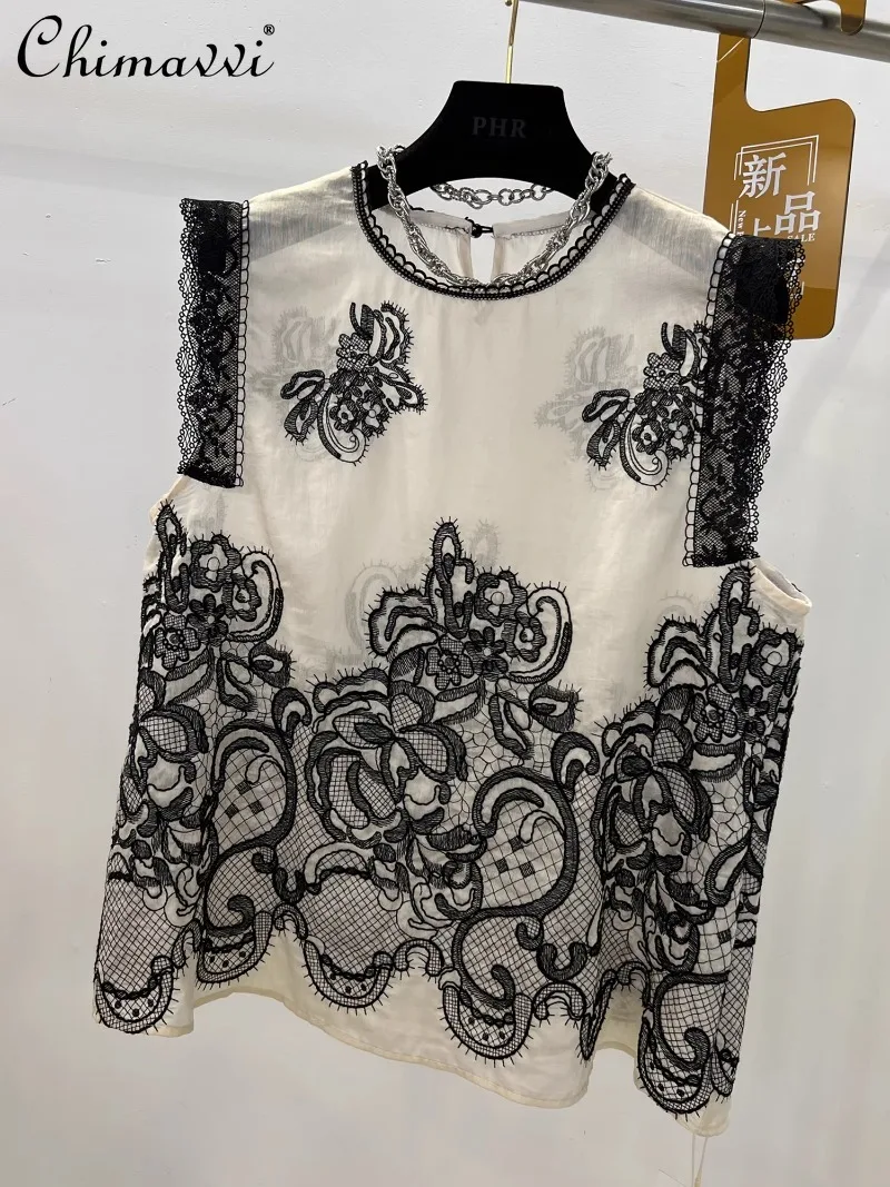 European 2025 Summer New Round Neck Lace Edge Heavy Industry Embroidery Fashion Sleeveless Pullover Shirt Top For Women