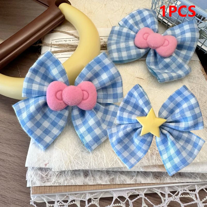 1 Pcs Cute Sweet Blue Plaid Star Bow Hairpin Heart Bangs Side Clip Women Headdress Hair Accessories Friends Gifts