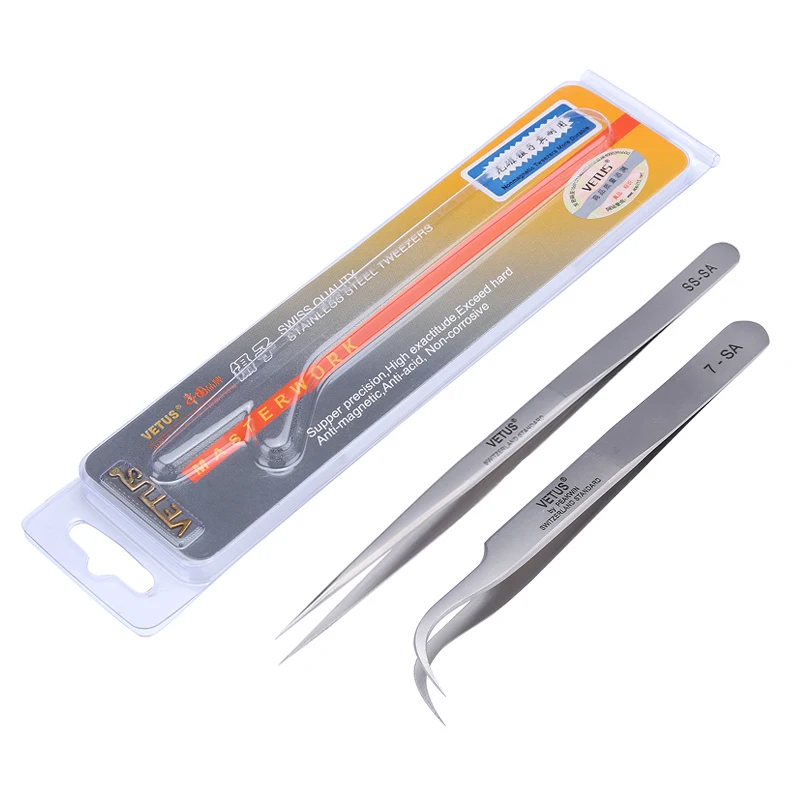 

VETUS 7-SA SS-SA Stainless Steel Precision Tweezers Straight/Curved Tip Non-Magnetic Tweezers Electronic Phone Repair Tools