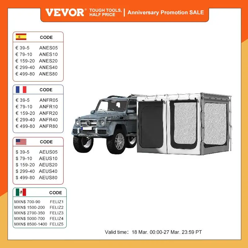 VEVOR Car Awning Room Accessory 300D Oxford Camping Tent with PVC Floor Heavy Duty Extend Shelter for SUV Tent Overland Gear