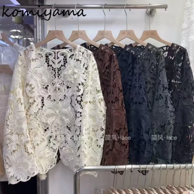 

Autumn 2025 Shirts & Blouses Hollow Out Lace Ropa De Mujer V-neck Long Sleeve Blusas Single Breasted Camisas Woman Clothing