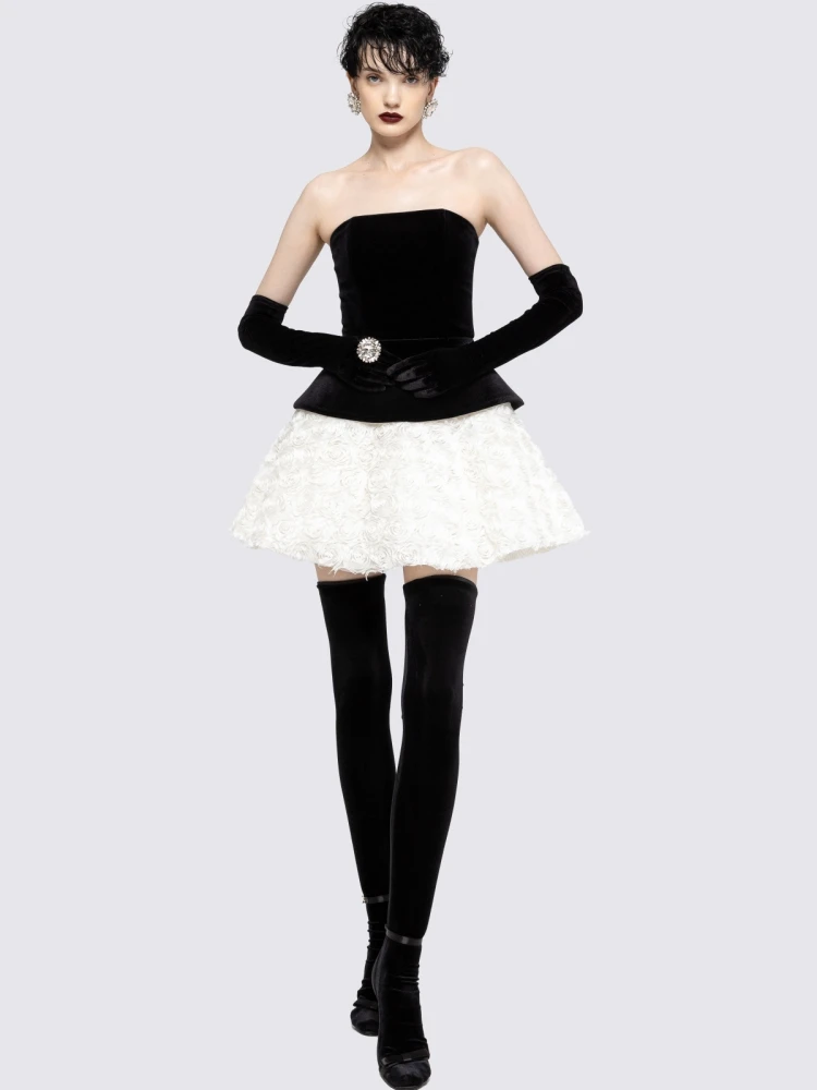 

Women Skirt Two Piece Set Women Black Velvet Lace-up Top + Mini A-line Floral Skirt Suits Evening Party Cocktail Suits