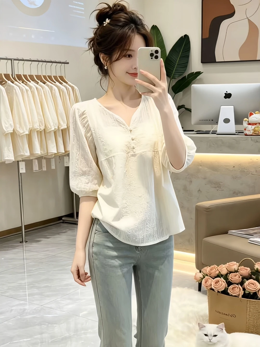 

V-Neck Chiffon Short Sleeve Shirt Women Summer plus Size Conceal Meat Slimming Korean Style Casual Bubble Sleeve Top
