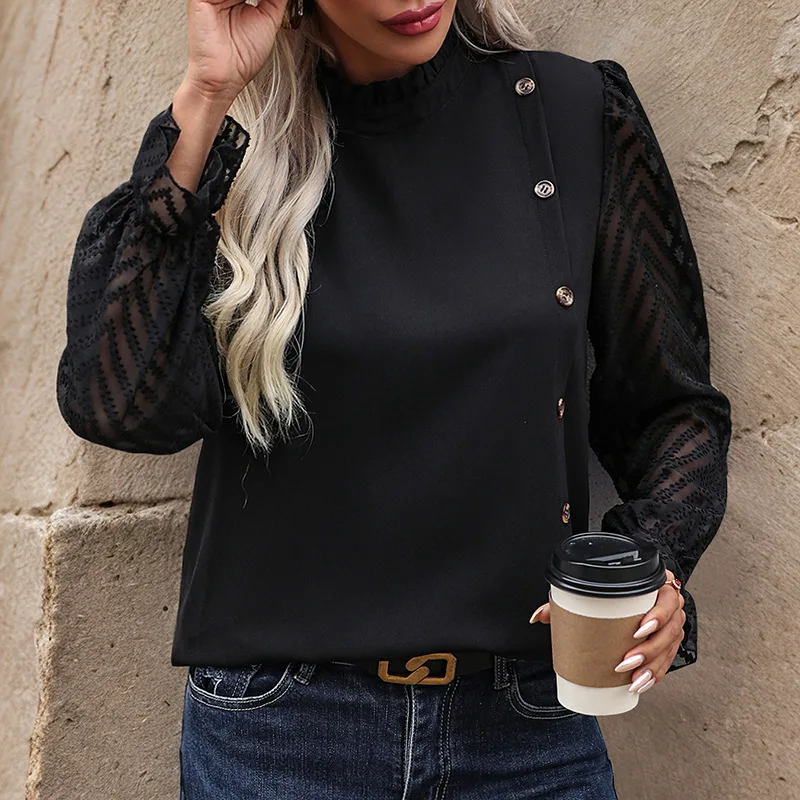 Button Detail Sheer Long Sleeve Blouse For Women
