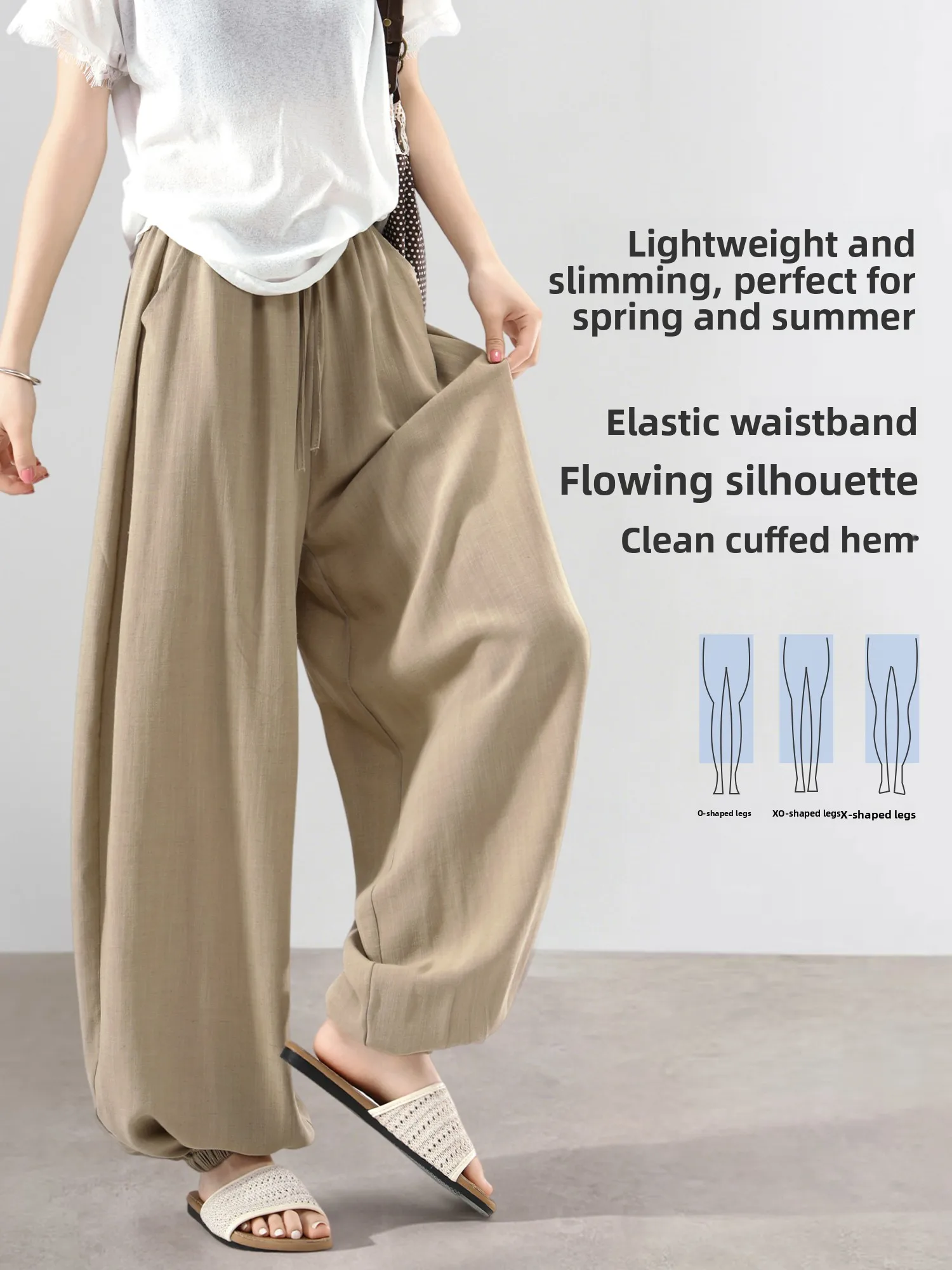 Khaki Linen Cotton Pants Women Summer Thin Japanese Style Lazy Cotton Linen Small Size Nine Points Wide Leg Cuffed Lantern Pants