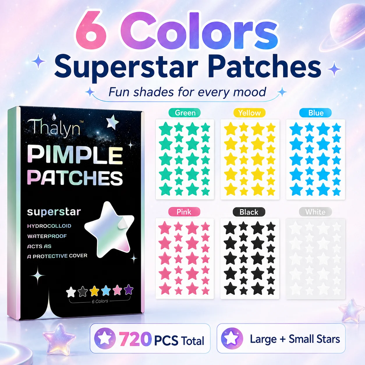 720PCS Star Blemish Patches Hydrocolloid Spot Cover Stickers Colorful Face Patches Invisible Skin Care Patch for Makeup DayNight