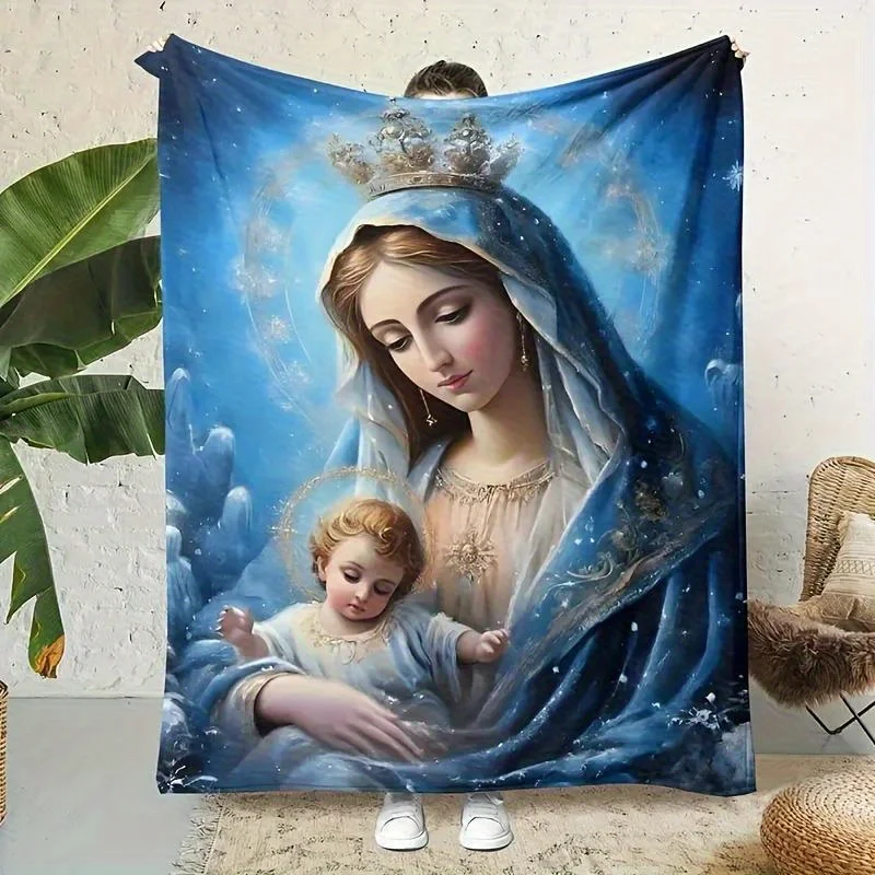 Virgin Mary Flannel Blanket, Soft Christmas Decor, All-Season Throw for Sofa & Bed, Catholic Gift for Baptism & Wedding