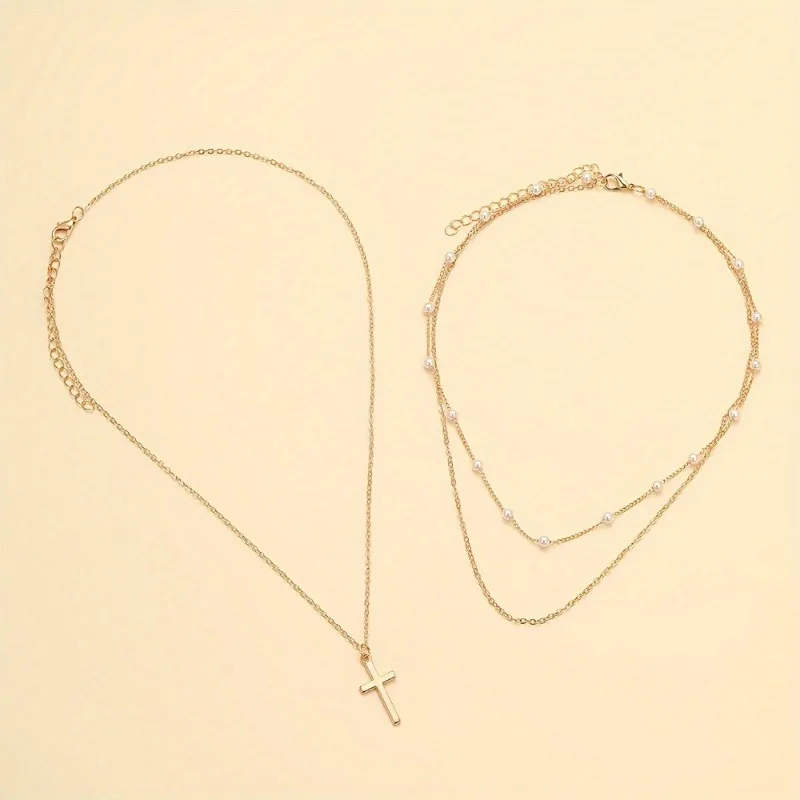 Fashionable Pearl Collarbone Chain with Multiple Layers of Cross Shaped Pendant, Layered Women's Necklace Accessories