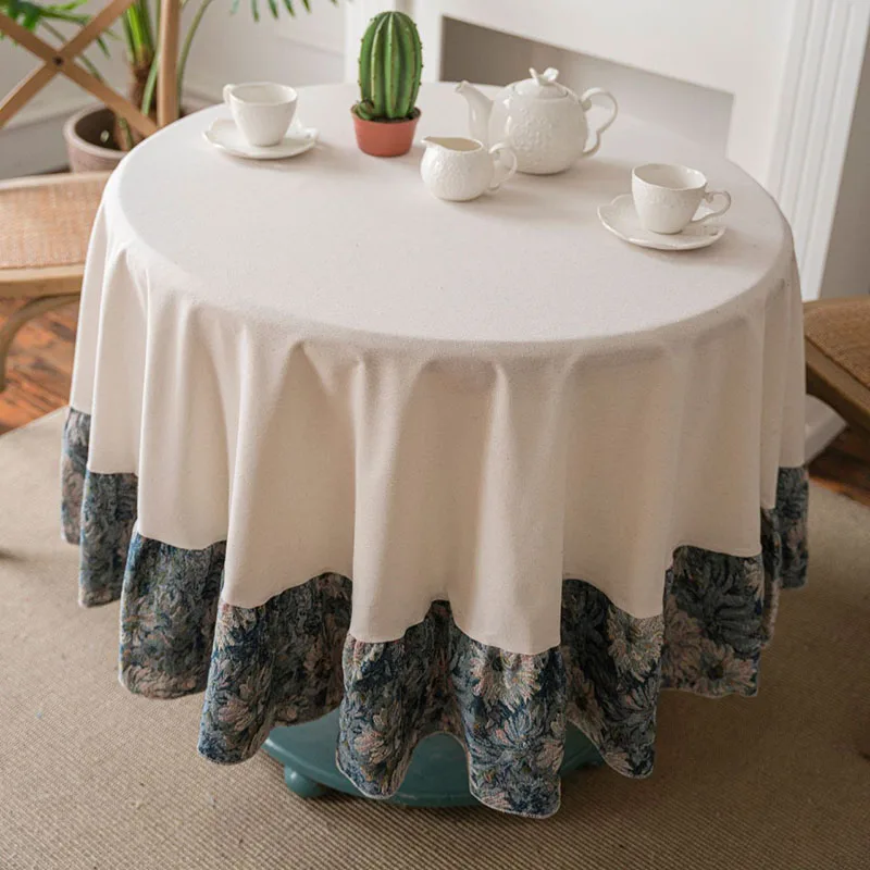 Blue Flowers Contrast Round Tablecloth American Stitching Table Cover with Lace Reusable Home Textile for Party Dinner Decor