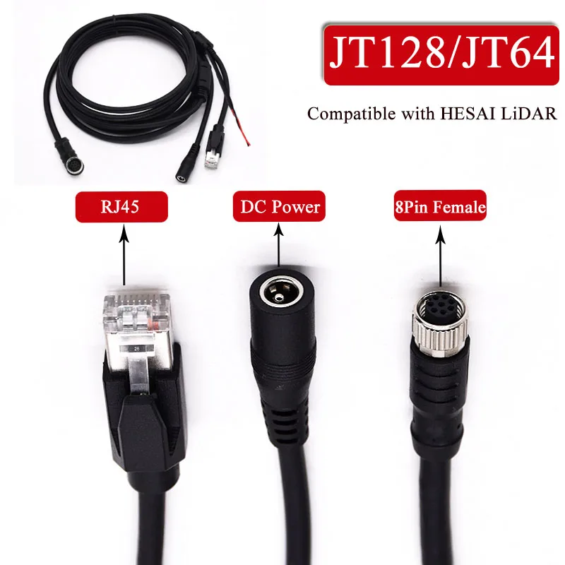 JT64/J128 Compatible with HESAI LiDAR M8 8Pin Aviation Plug To RJ45 DC Power Cord 1 To 3 1 To 2 Ethernet Cable Connection Line