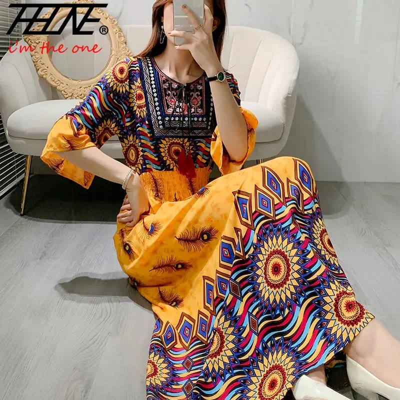 THHONE Women Dress Indian Loose Bohemian Korean Style Long Tassels Casual  Vintage Vestidos Robe High Waist Round Neck Floral