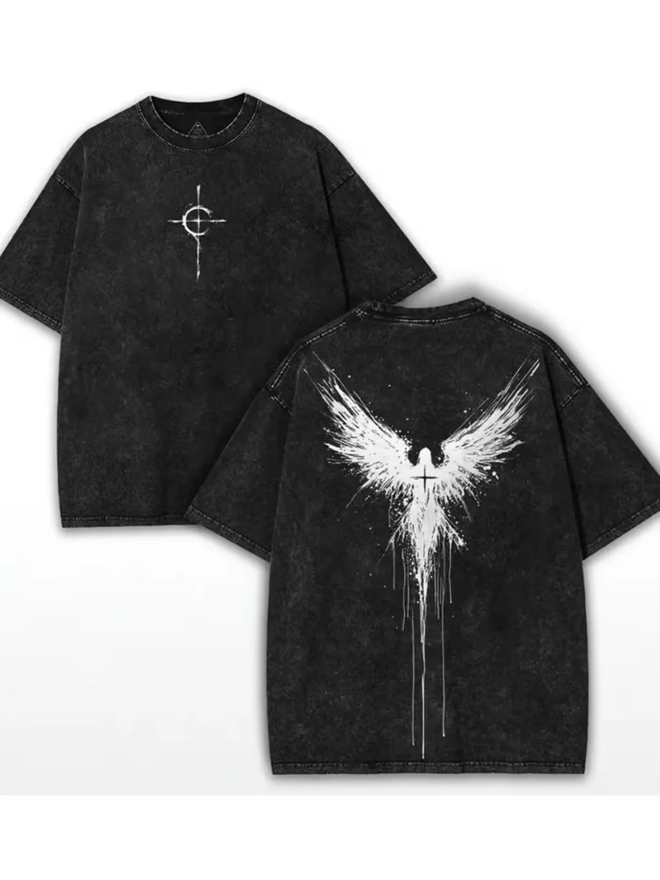 Splatter Angel Wings Printed Washed Vintage T-Shirt, Unisex Loose Crew Neck Top, American Dark Style Casual Versatile Tee
