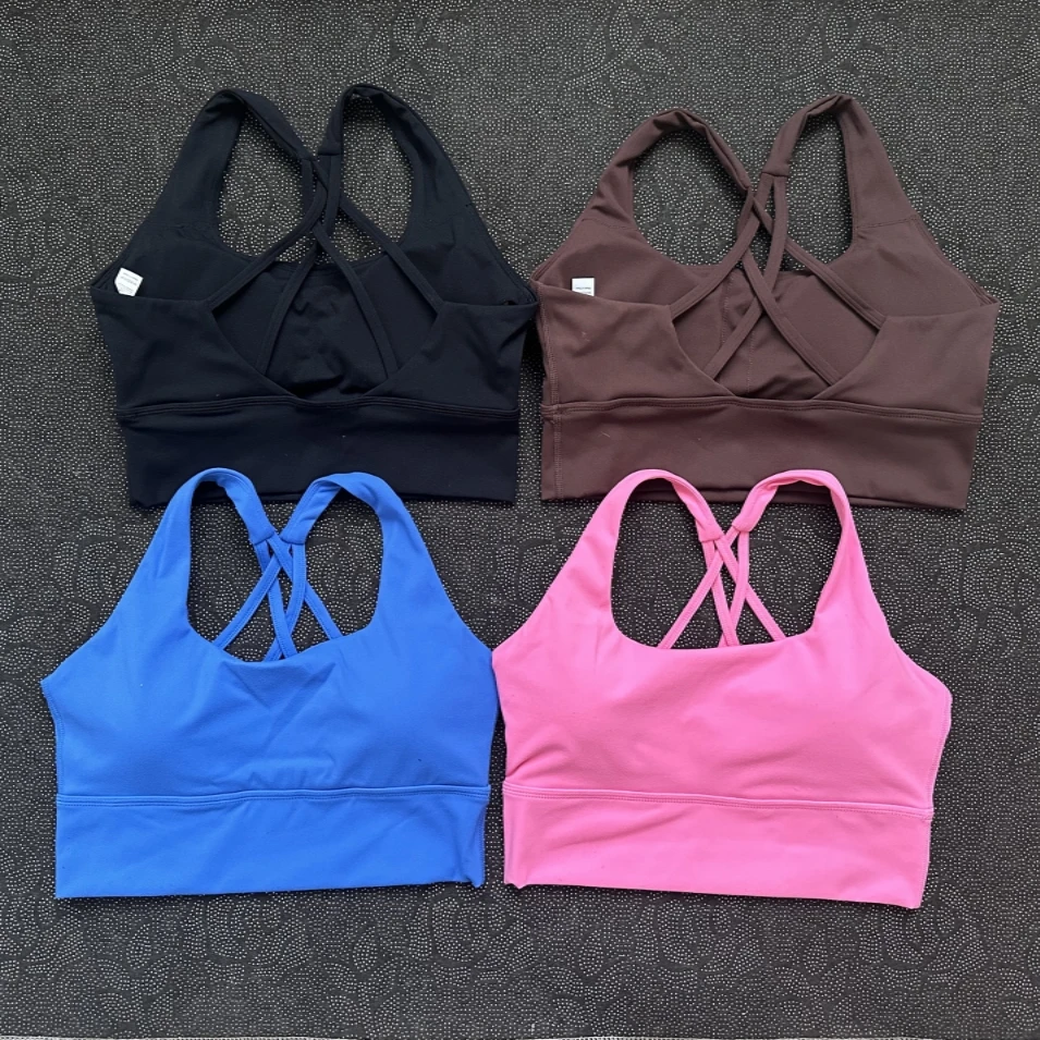 Solid Color Tight Butter Athletic Women Fitness Bra Cross Back Yoga Underwear Gym Sport Top Hollow Back Push Up Chest Pad