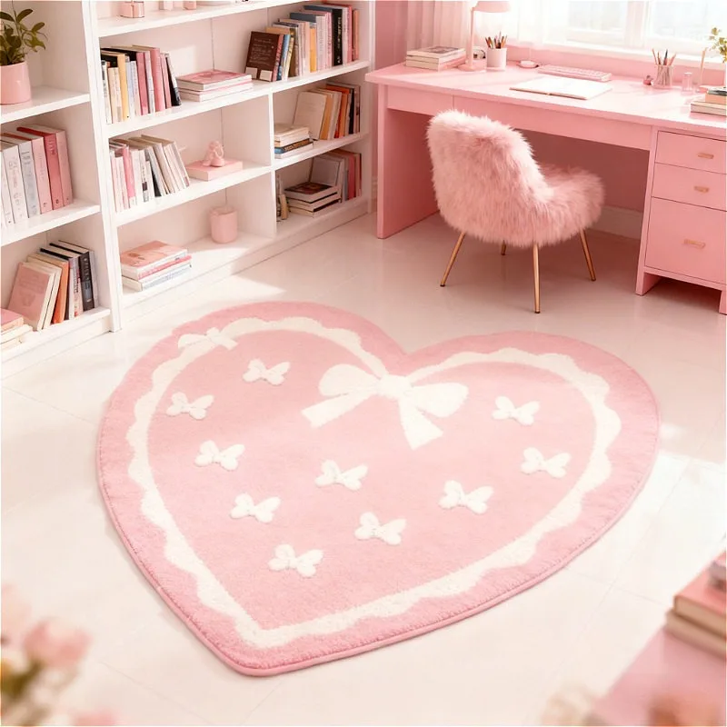 Living Room Carpet Soft Comfortable Faux Cashmere Floot Mat Modern Pink Bow Heart-shaped Bedroom Foot Mats Home Decoration Rug