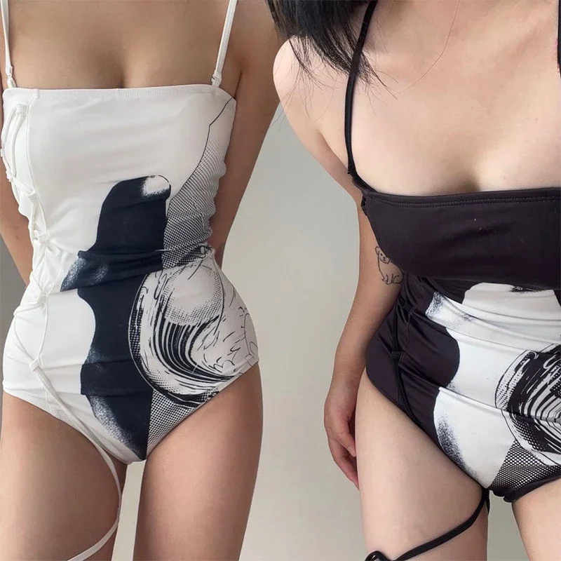 Swimwear Women One Piece Sexy Print Bikini Solid Drawstring Bandage Swimsuit Shoulder Strap Patterned Beachwear Female Bathing