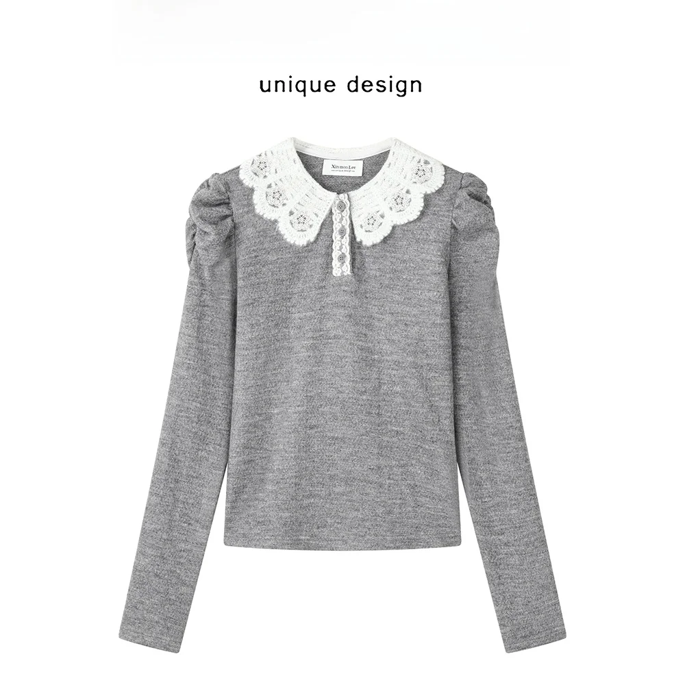 

Chic Sweet ort Knit Sweater Beautiful Bubble Sve Ele Korean Sle Spring Faionable Casual Wear Floral Print Design