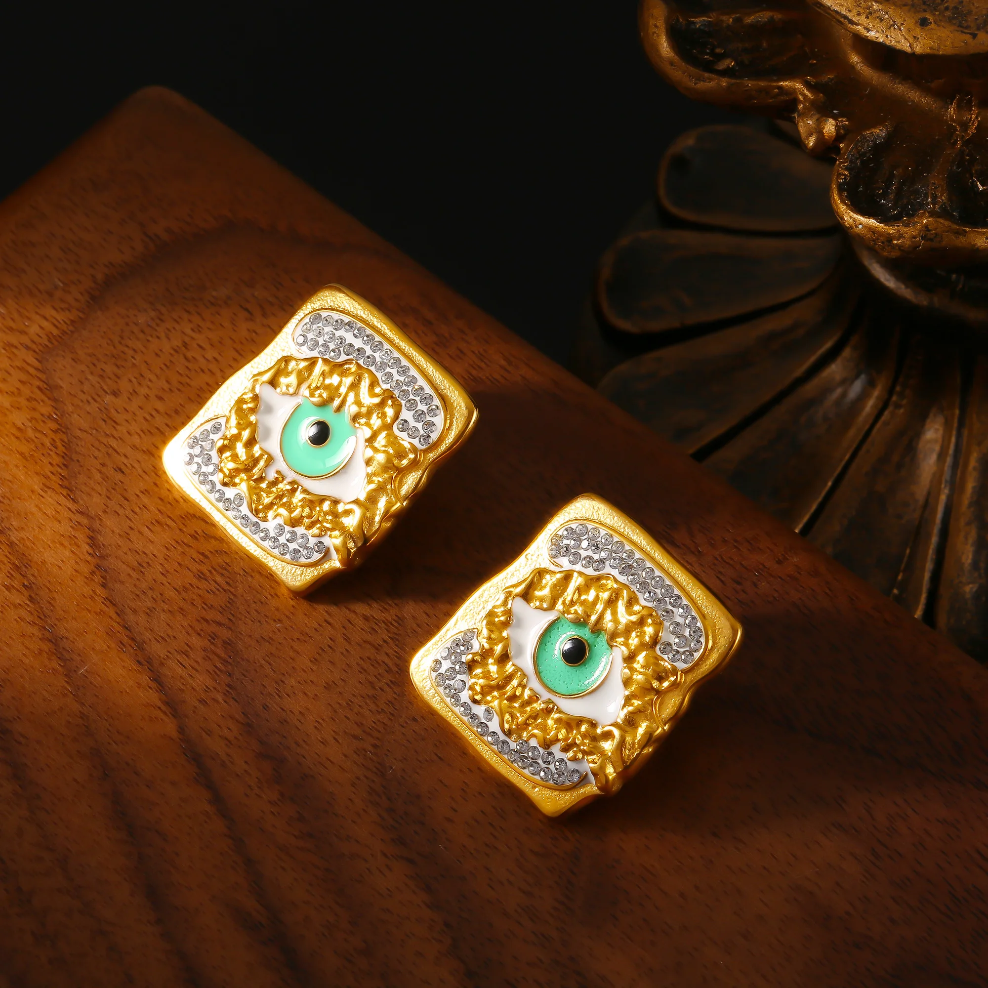 Stainless Steel Square Gold Plated Luxury Rhinestone Ear Studs Green Black Enamel Evil Eyes Earrings Women's Female Jewelry Gift