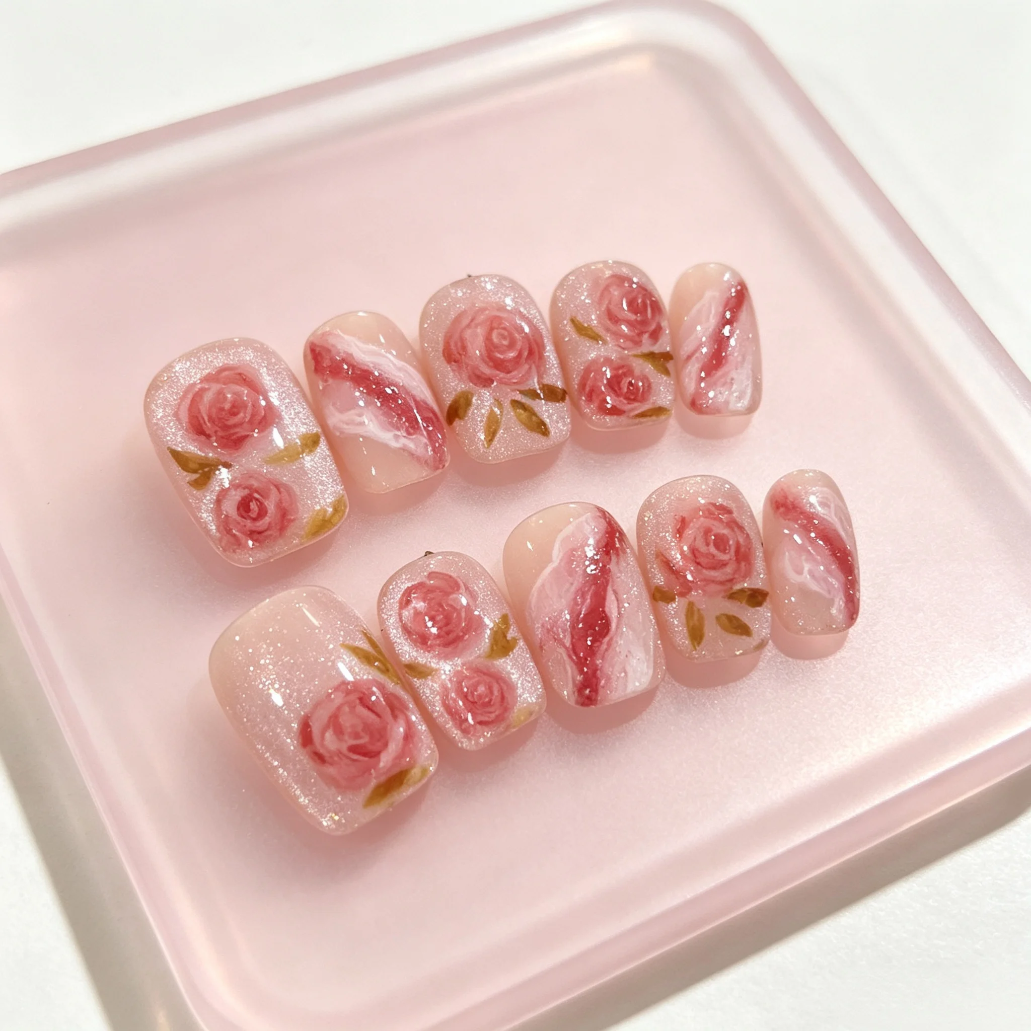 10pcs Sheer Pink Glitter Base Handmade Press on Nails Red Rose Flower Marble Swirl Design Fake Nail Short Square False Nail