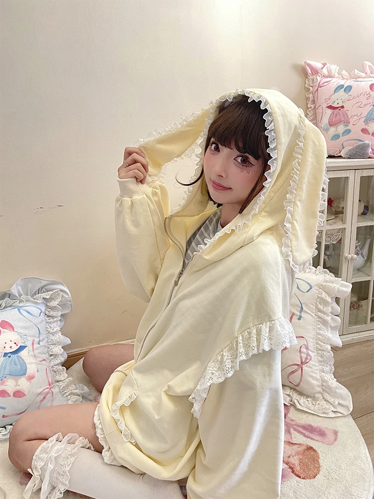 Rabbit Ears Lace Hooded Sweatshirt Jacket Women's Spring and Autumn New Solid Color Oversized Hoodies Zip Up Hoodie