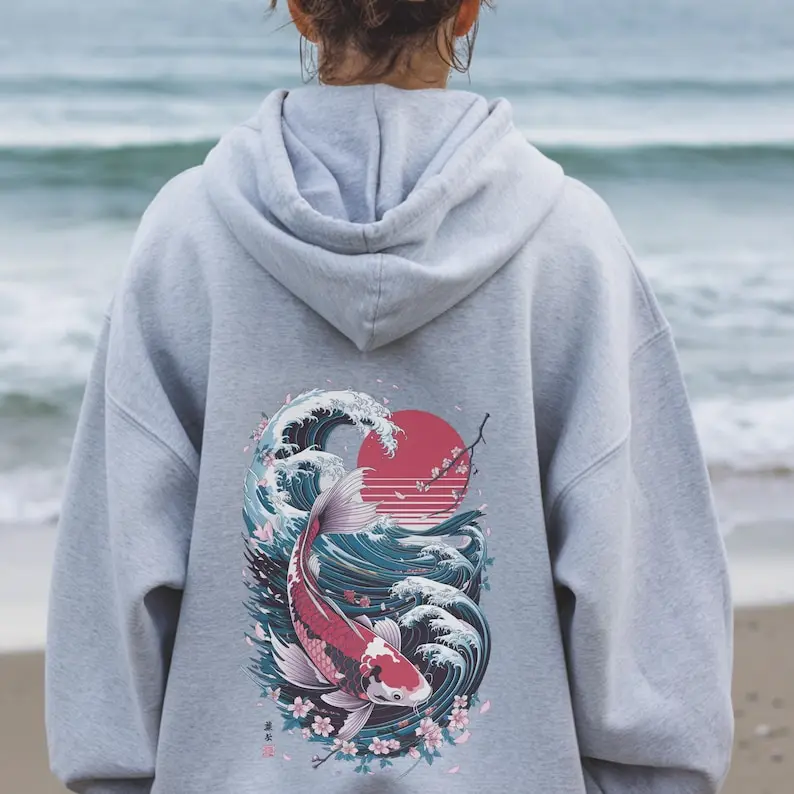 Hoodie aconchegante unissex de peixes Koi para a praia, capuz japonês, arte náutica e asiática, estilo Tóquio, tema de lagoa urbana, top com capuz perfeito para a praia