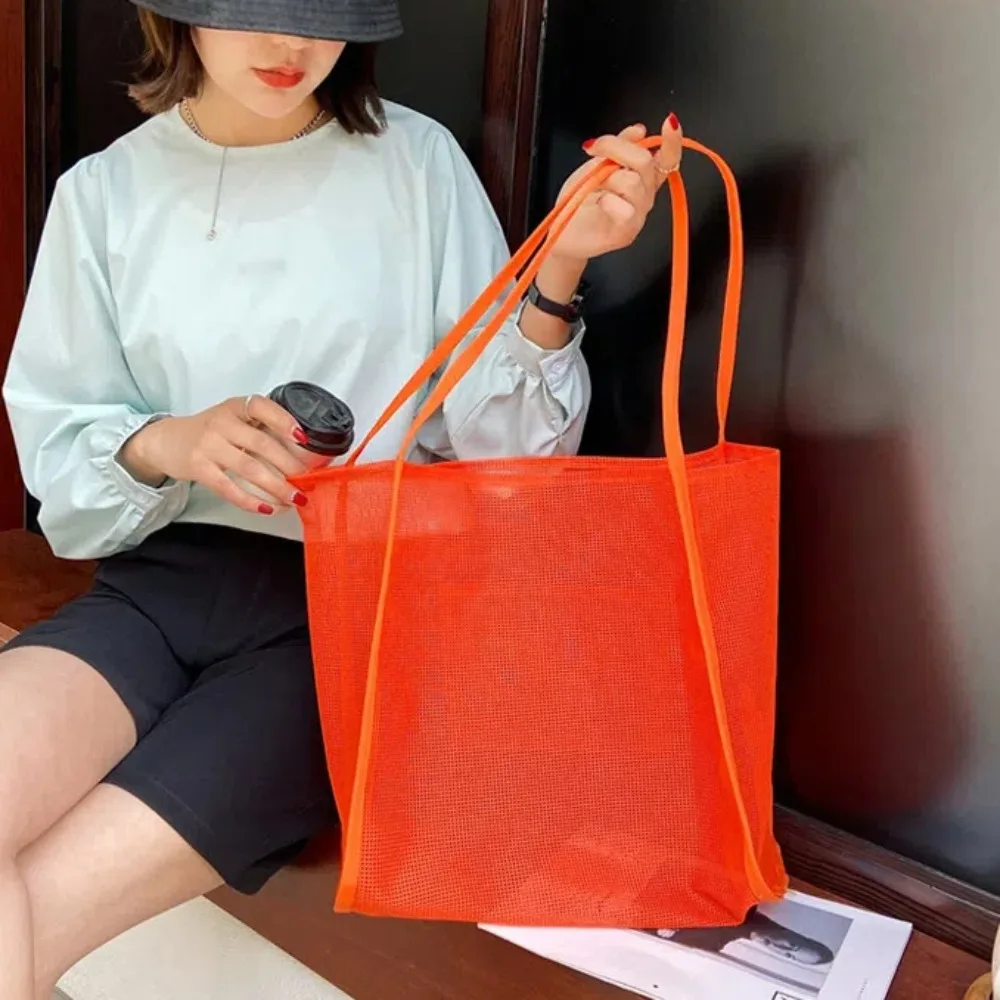 Bolsas organizadoras de nailon con malla, bolsos de hombro con bolsillos, bolso de playa de gran capacidad, bolso de mano transparente y transpirable para niñas