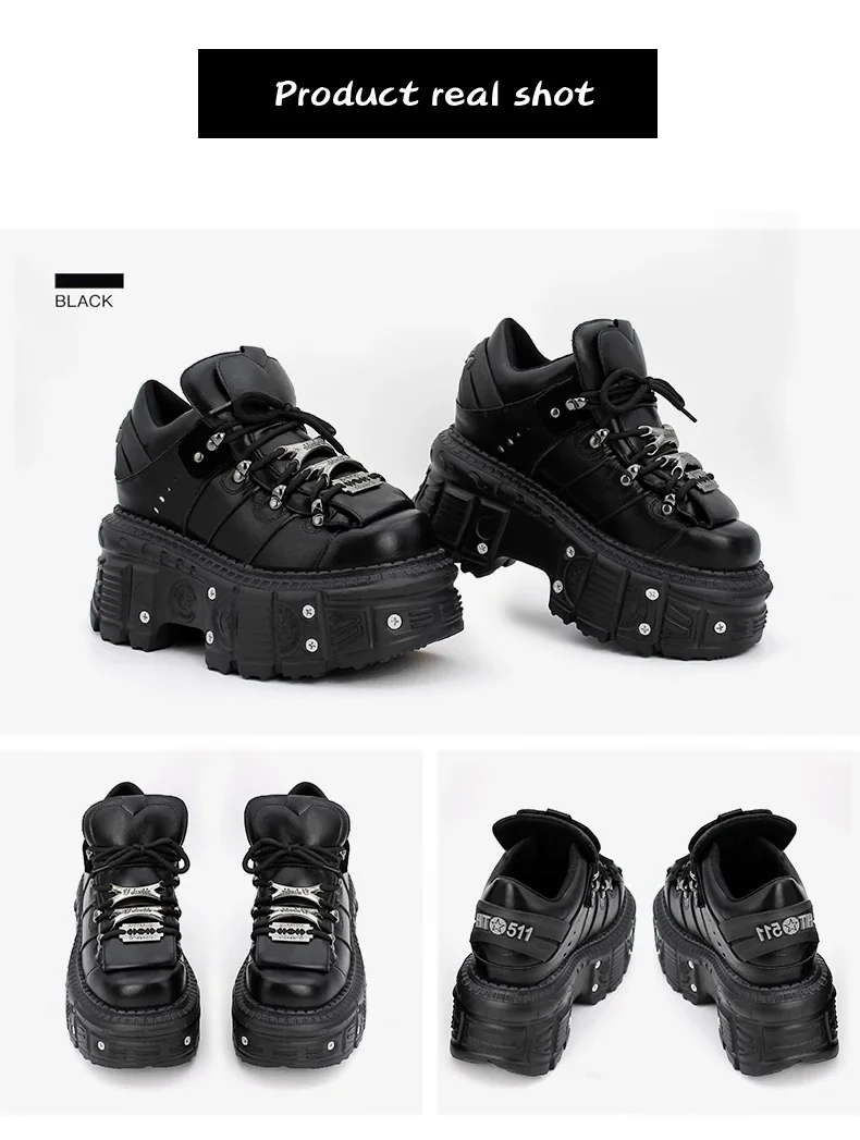 2026 Neue Punk-Style Damenschuhe Schnürschuhe mit 6 cm Absatzhöhe Plateauschuhe Damen Gothic Knöchelstiefel Rock-Stiefel mit Metallverzierung Damen-Sneaker – Detail 9