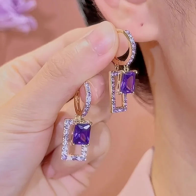1 Pair of Elegant Luxurious Geometric Square Purple Color Earrings Women Suitable Daily Jewelry Gifts Women Wear All Year Round