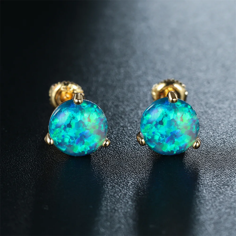 Blue Fire Opal Stud Earring 6/7/8MM Round Stone Screw Back Earrings For Women Vintage Gold Color Wedding Jewelry Minimalist Gift