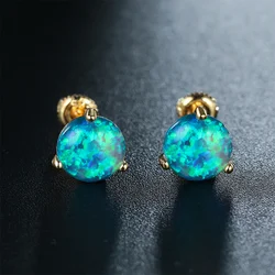 Blue Fire Opal Stud Earring 6/7/8MM Round Stone Screw Back Earrings For Women Vintage Gold Color Wedding Jewelry Minimalist Gift